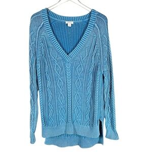 SUNDANCE Women's Medium V-Neck Chunky Cable Knit Oversized Cotton Sweater